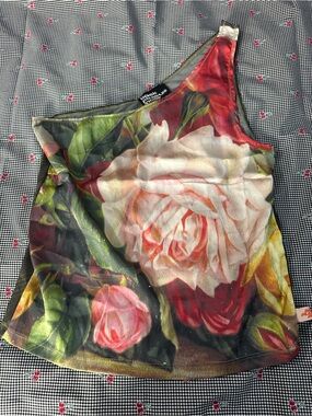 One-Shoulder Rose Print Tank Top in Multicolor by Pinko